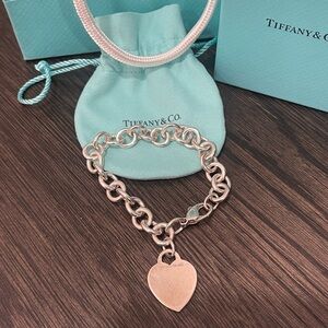 Tiffany & Co. Silver Heart Tag Link Bracelet with Iconic Blue Pouch, Box and Bag